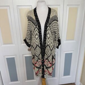 Vintage Cabi Size Medium Open Knit Cardigan Duster Sweater Geometric Print Boho‎
